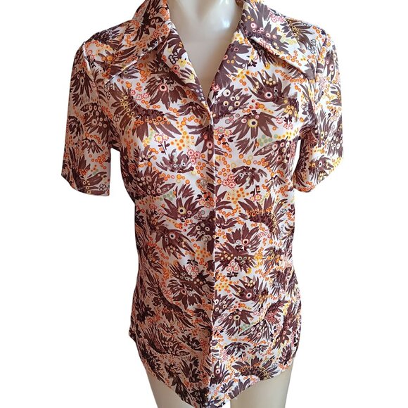 Vintage Women's Small Top Blouse 1970s Disco Peacock Feathers Print Stretch Mom - Picture 2 of 6